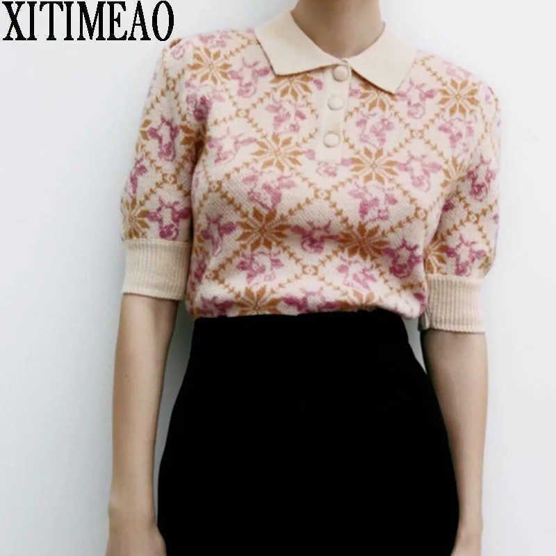 

ZA Women Spring Autumn Knitted Butto Decorati Knit Sweater Coat Retro Polo Lapel Slim Short Sleeve Pullover XITIMEAO 210604, Pink