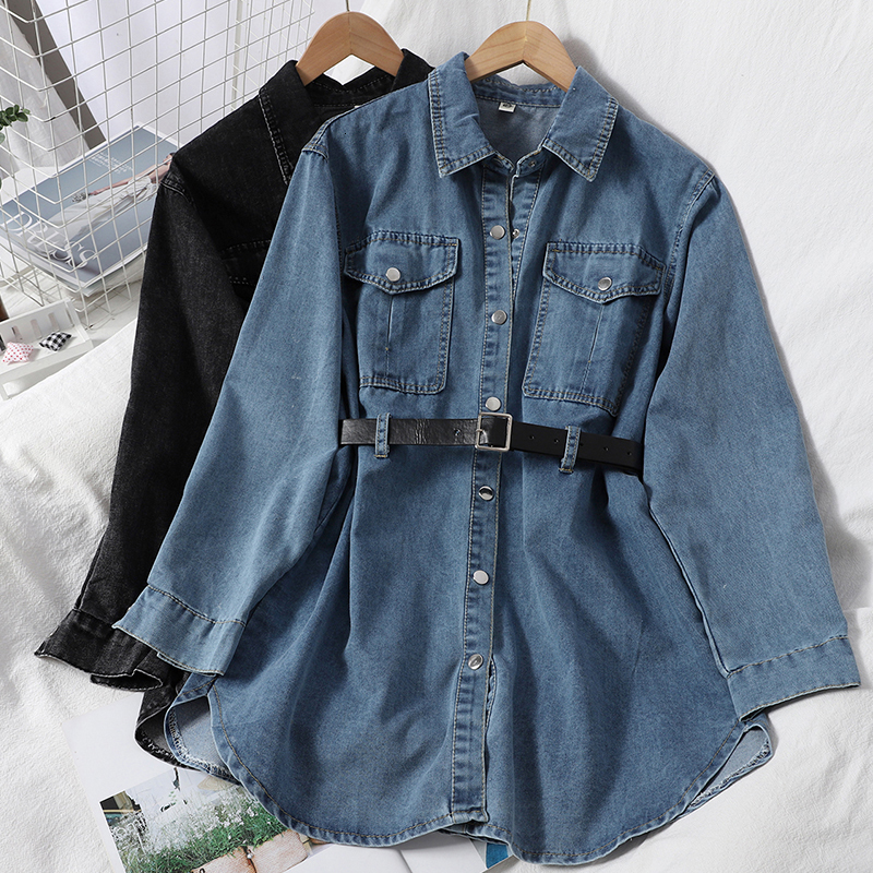 

2021 New Temperament versatile double pockets age reduction fashion belt denim jacket shirt autumn Korean style trend Y20B, Blue