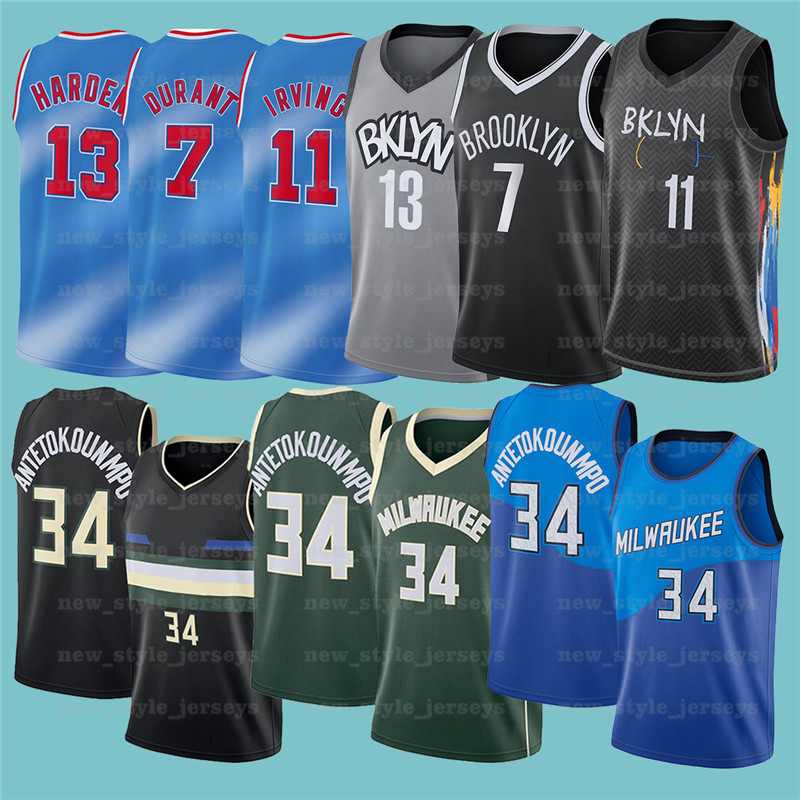 

7 Kevin 11 Kyrie 34 Giannis Irving Antetokounmpo Durant 13 Harden Brooklyn Nets Milwaukee Bucks z31 Basketball Jerseys, Black;red