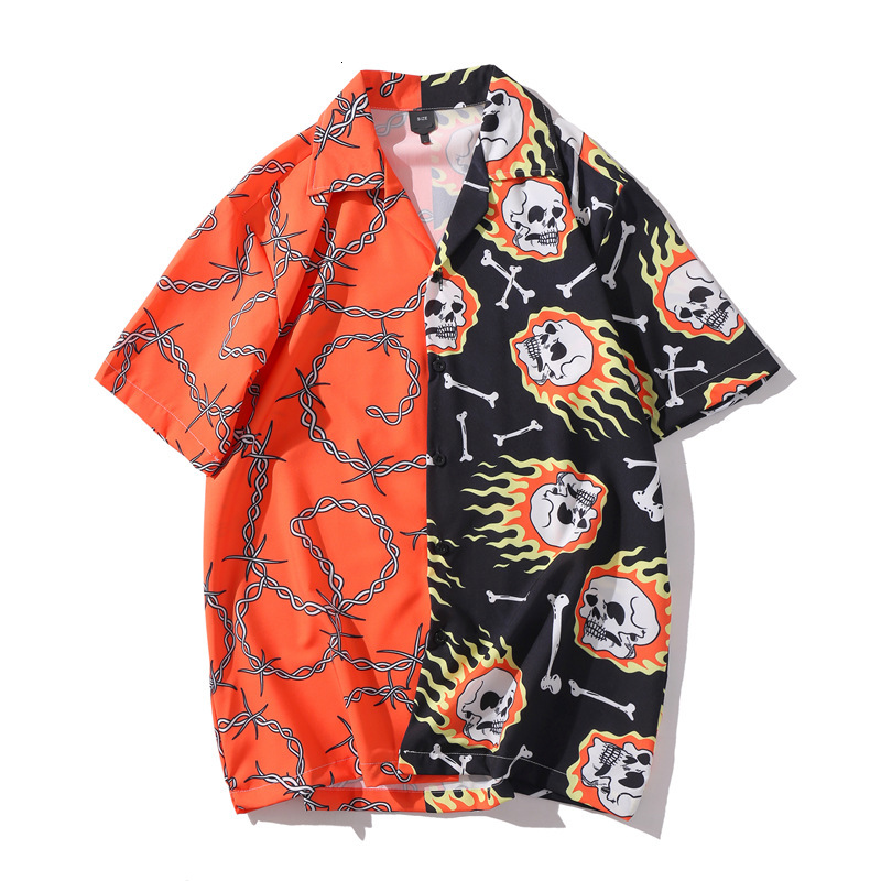 

2021 Two Color Patchwork Vintage Skulls Print Summer Men Hawaiian Short Sleeve Shirt Mens Casual Beach Shirts Man Oversized Gu9h, Xq15-red