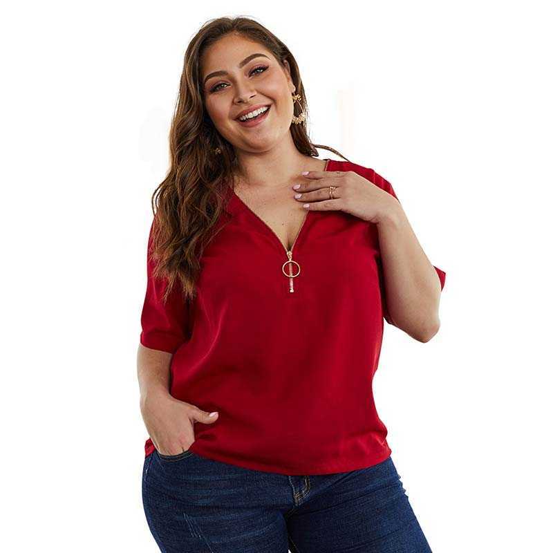 

4XL Casual Loose Summer Women T-Shirt Solid Sexy V-Neck Zipper Workout Lady Female Tee Tops Plus Size W508 210526, Red