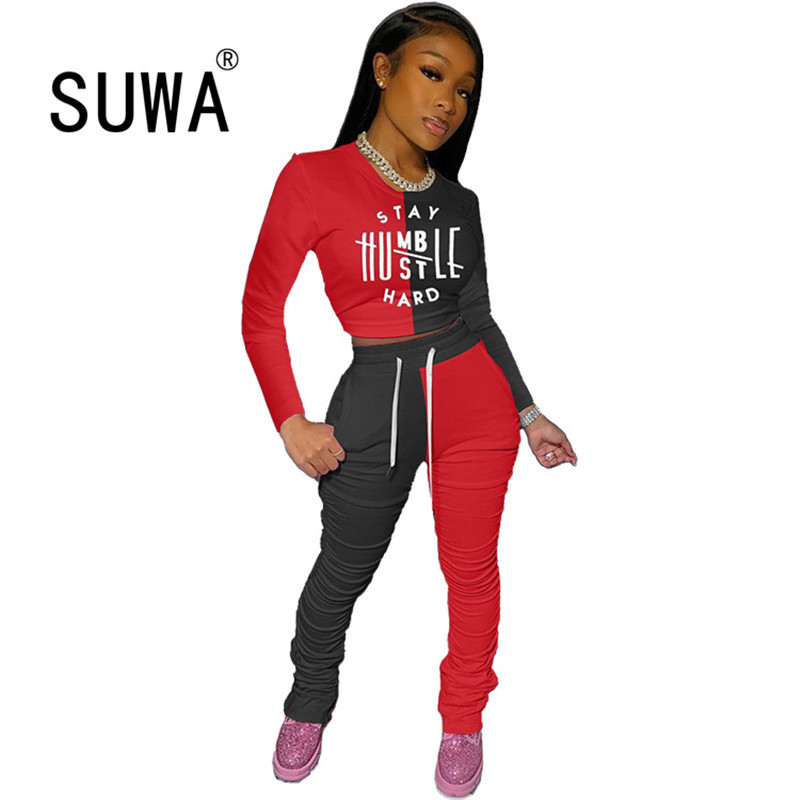 

Contrast Color Patchwork Tracksuit Women Clothing Sets 2 Piece Outfits Letter Long Sleeve Top + High Waist Stacked Pants Suit 210525, White