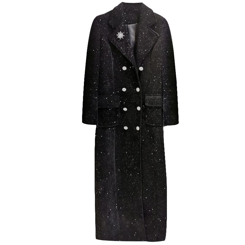 

Women' Trench Coats Heavy Work Winter Fashion Sequined Diamond Corduroy Coatwomen Double-breasted Long-sleeved Long Thick Padded Outwear, Black