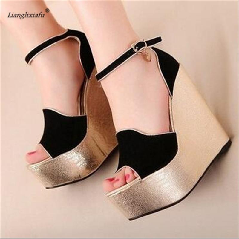 

LLXF Small Yards:30 31 32 Summer Wedges Sandals Plus:42 43 Stiletto 15cm High-Heeled platform Buckle shoes women wedding pumps, Black