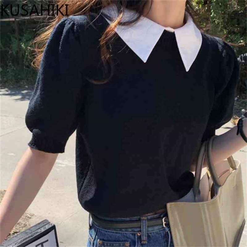 

Puff Sleeve Ics Silk Knitted Tops Korean Fake Two Pieces Turn-down Collar Pullovers Summer Thin Women Knitwear 6J066 210603, Green