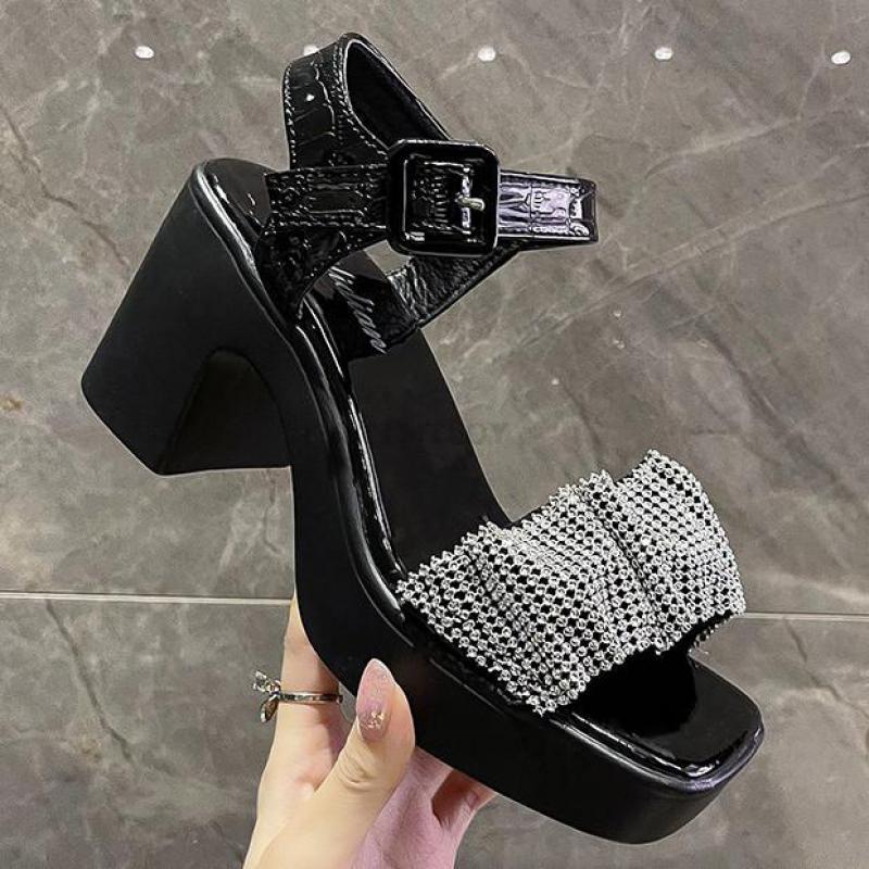 

Sandals Women's Shoes 2021 Summer Rhinestone Open Toe High Heeled Fashion Buckle Strap Ytmtloy Sadalias Femininas, Black