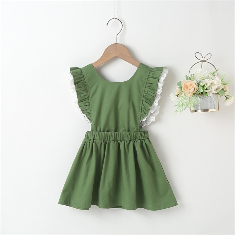 

Summer Arrivals Girls Style Dress Sleeveless Ruffles Bow Green Solid Cute A-Line Girl Cake Vestidos 18M-6T 210629