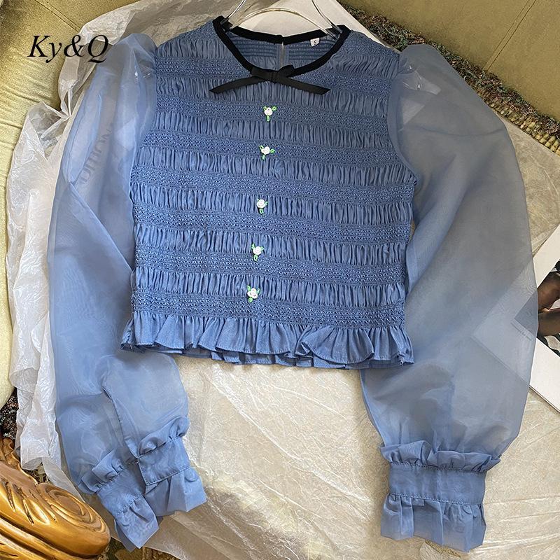 

Women's Blouses & Shirts 2022 Early Spring Blue Top Embroidered Pleated Ruffle Short High Waist Organza Little Rose Shirt Designer Brand, White