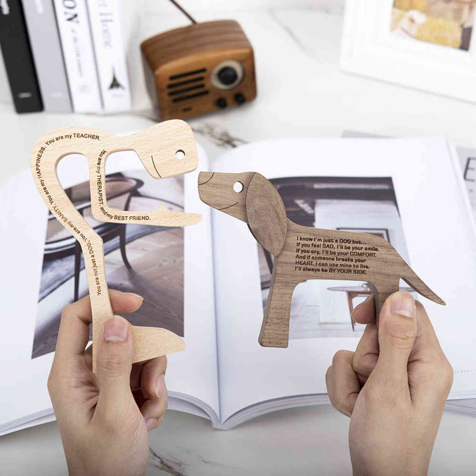 

Wooden Dog Decoration Craft Figurine Family Puppy Table Ornament Wood Carving Model Creative For Lovely Gifts Y211112