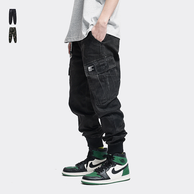 

2021 New Japanese Vintage Fashion Jeans Loose Fit Big Pocket Cargo Men Casual Harem Trousers Camouflage Hip Hop Joggers Pants Gcdl, Pure black