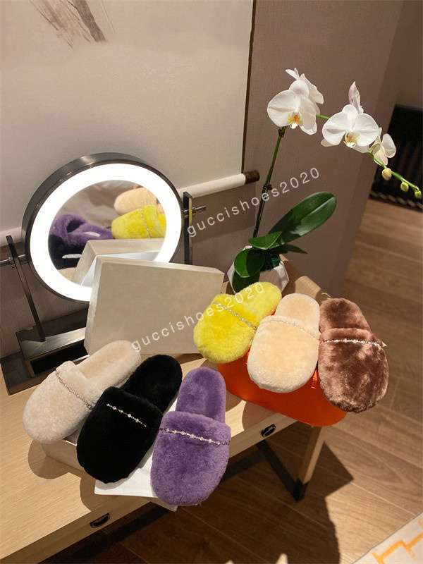 

Cheaper Newly autumn winter womens slippers metal chain all inclusive wool slipper for women grey outer wear plus big szie Muller half drag shoes, 04