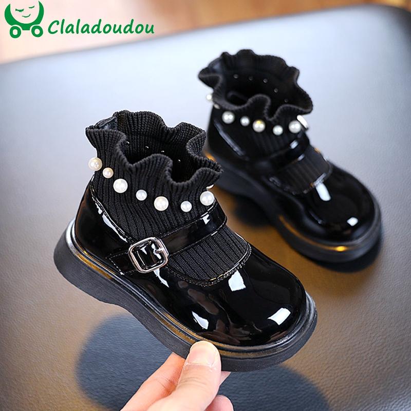 

Boots 13.5-18.5cm Patent Leather For Girls,Pearl Knitting Princess Children Shoes,Little Girls Ankle Girls', Black;grey