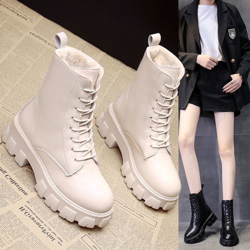 

Boots Womens British Style Round Toe Lace-up Mid-tube Fashion Personality Mid-heel Motorcycle Boots Womens Short Boots, Beige