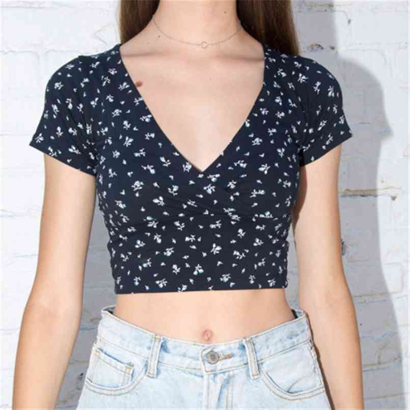 

Drop T-shirt Top Brandy Mel T Shirt V Neck Crop Short Sleeve Woman T-Shirts Mandy Women's Clothes BM 210708, Floral sky blue