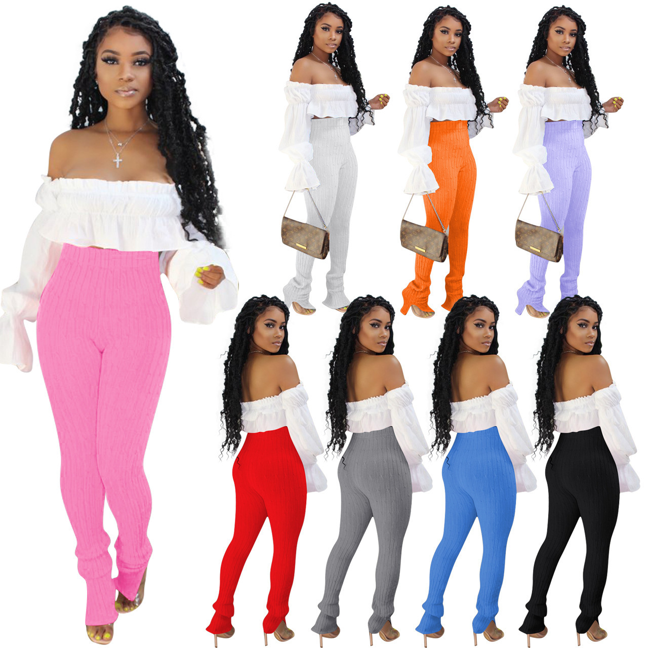 

Sexy Women Two Piece Set Fashion Flared Sleeve Off-the-shoulder Top Elasticity Knitting Pencli Pants Outfit Ladies Slim Street Clothing 099, White