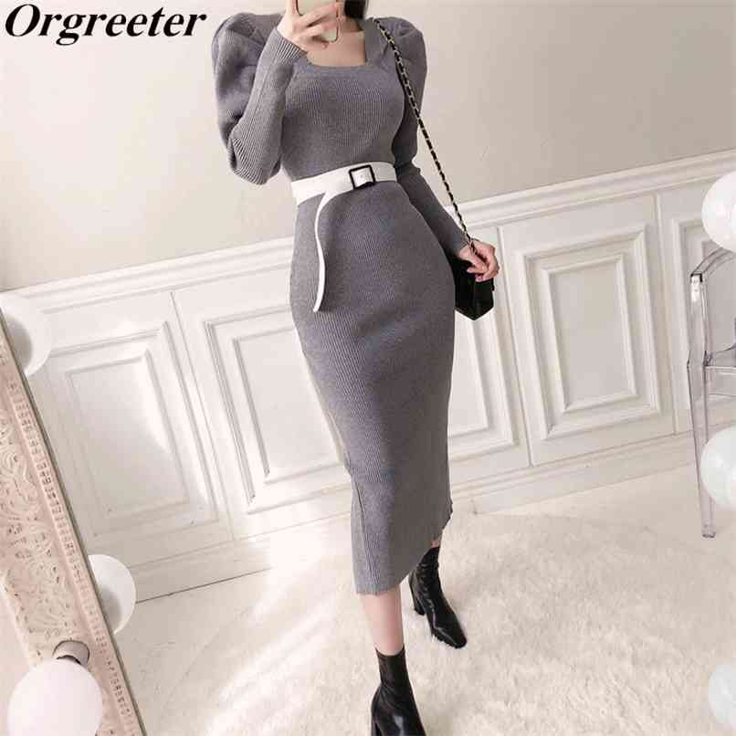 

Romantic French Square collar Long sleeve Knitted Dress Women Fall Winter Puff Slim Bodycon Split Mid Sweater 210602, Gray