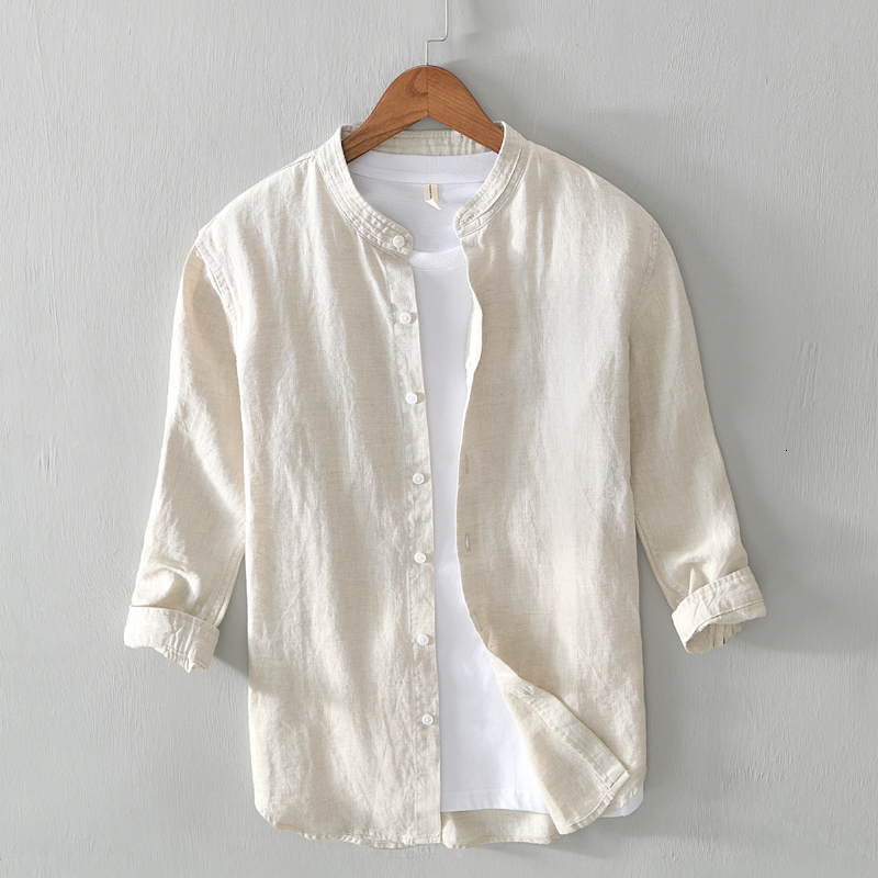 

2021 New Summer Stand Collar Three Quarter Sleeve 100% Linen Fashion Casual Shirts for Men Comfortable Shirt Mens Camiseta O3u7, Khaki