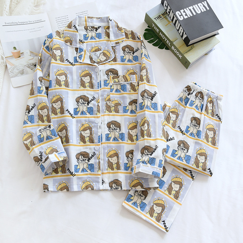 2021 New Spring Autumn Couple Two-piece Cotton Cartoon Men and Women Pajamas Set Plus Size Home Service Summer Sleepwear 7klo-image-660276577
