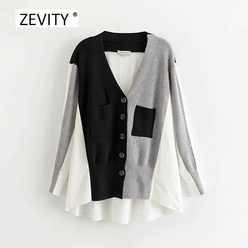 

women vintage v neck patchwork hem irregular casual knitting sweater ladies long sleeve pocket patch chic cardigan tops S335 210603, As pic s335dwdd