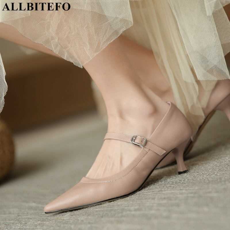 

ALLBITEFO natural soft genuine leather women heels shoes Sheepskin insole pointed toe fashion sexy nude party high heel shoes 210611, As picture
