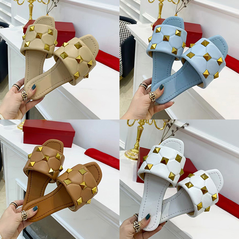 

Women Roman Sandal Rivet Slides Summer Designer Flat Slipper High Heel Quilted Gold Stud Sexy Sheepskin Mules Shoes Big Size 269, Black