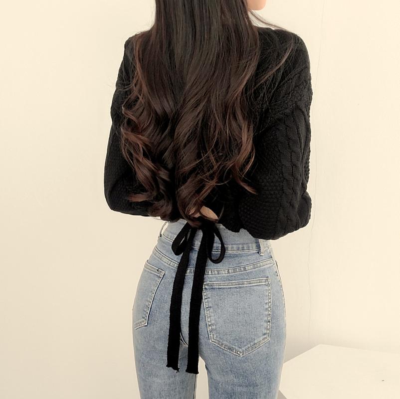 

Women's Sweaters Women Autumn Lazy Retro Casual Black V Long Sleeve Back Bandage Sweater Short Twist Wild Knit Shirt Pull Femme Tops, White;black