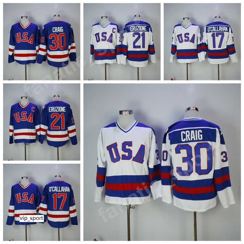 

Hot 1980 USA Hockey Jerseys 17 Jack Ocallahan 30 Jim Craig 21 Mike Eruzione Jersey Men Sale Team Color Blue White Stitched, 21 blue
