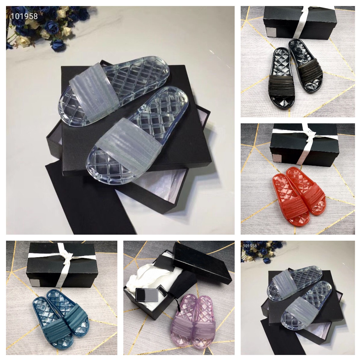

2021 Designer Women scandals Flower slippers Jelly Transparent PVC Clear Sandals Rubber Sandal Floral Brocade Gear bottoms Flip Flops with box, Black