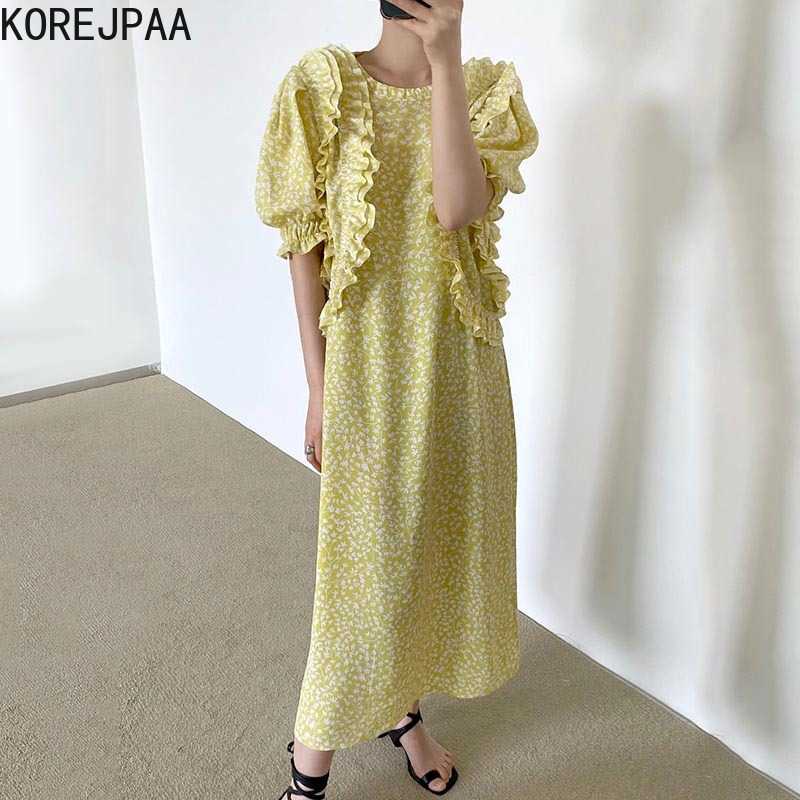 

Korejpaa Women Dress Summer Korean Chic Girls Sweet Fresh Round Neck Flowers Loose Casual Puff Sleeve Large Swing Vestidos 210526, Yellow
