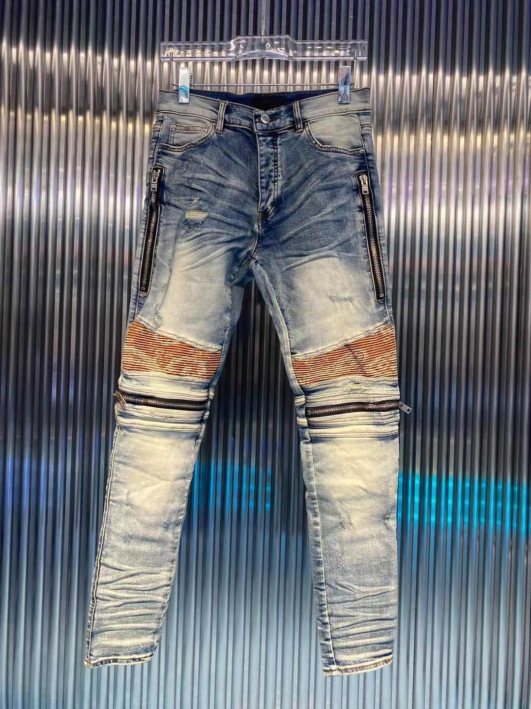 

European American mens jeans high street cashew flower stitching and leather multi-zipper distressed washed tide brand, Blue