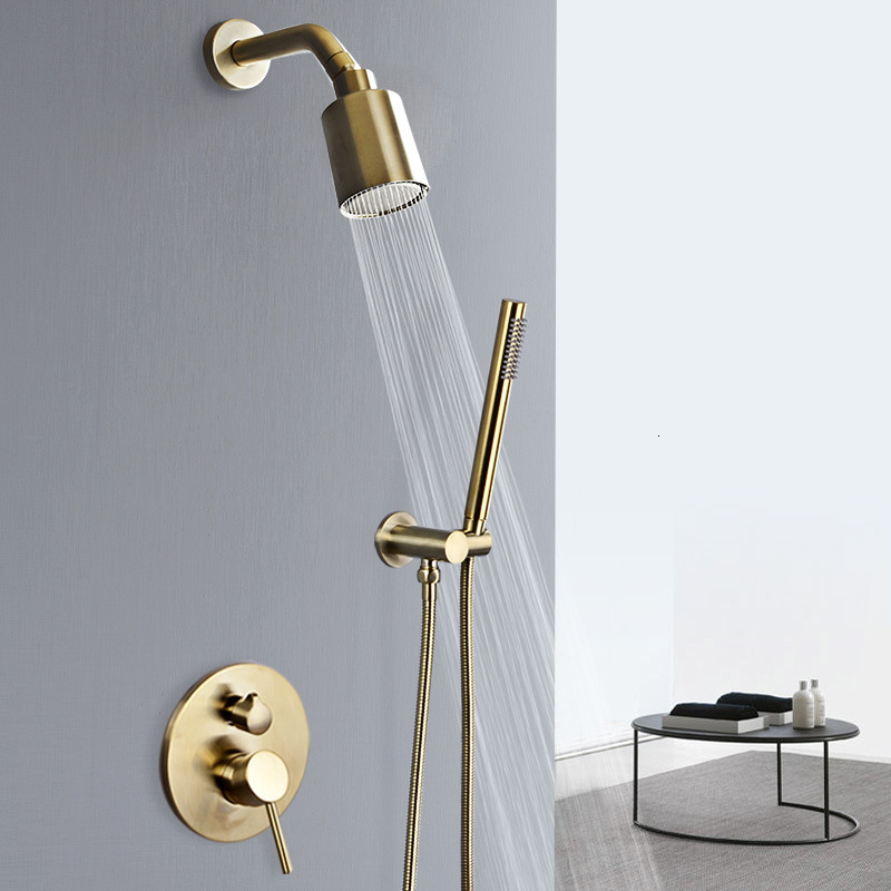 

2021 New Set in Wall Brushed Gold Rainfall Mixer, Cold & Hot Bath and Shower Mixer Tap Brass Bathroom Faucet 8v33