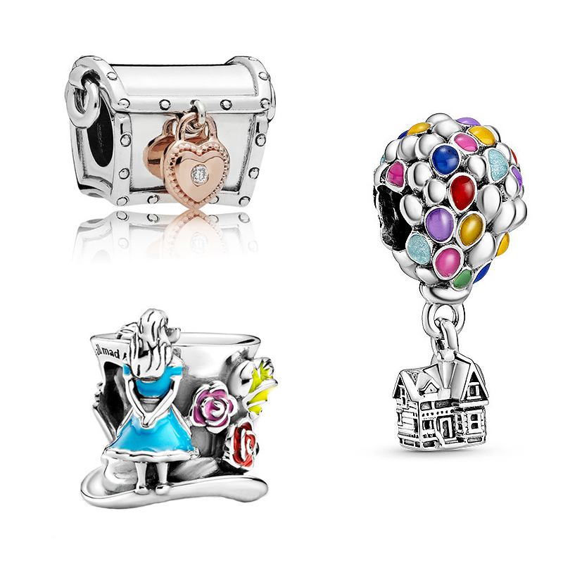 

925 Sterling Silver Charms For Women DIY Fit Pandora Bracelet Flying house Alice Mad Hatter's Tea Party Love Lock Treasure Chest Jewelry Beads