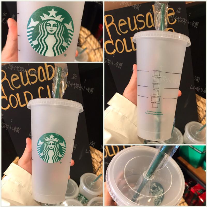 

starbucks 24oz/710ml plastic tumbler reusable clear drinking flat bottom cup pillar shape lid straw mug bardian 50pcs dhl shipping