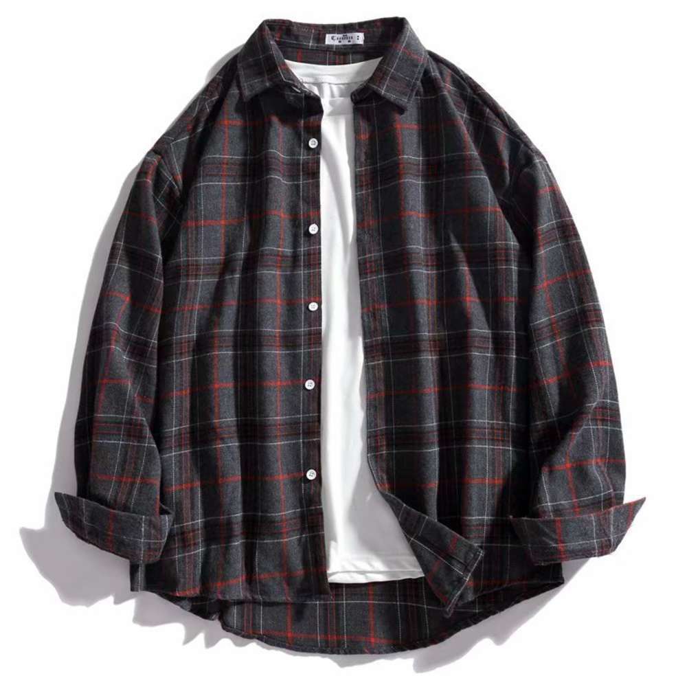 

2021 autumn youth casual Men's long sleeve student loose Plaid shirt trend, White;black