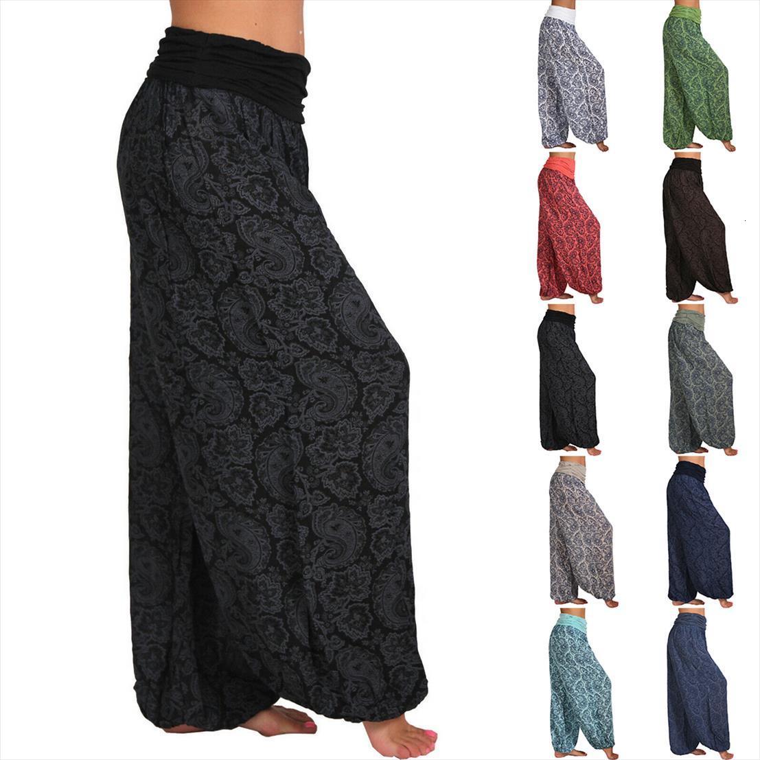 

bohemian floral print long women pants mid waist vintage elastic boho beach trousers plus size 5xl, Black;white