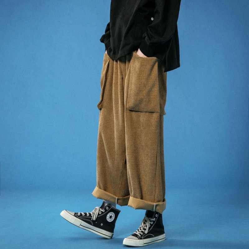 

2021 New Cotton Corduroy Men's Fashion Retro Casual Men Streetwear Korean Hip-hop Straight Wide Leg Pants Mens Trousers -5xl Tedp, Khaki