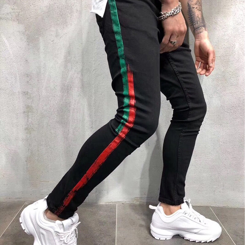 

Stripe Mens Jeans Ripped Slim-leg Denim Jean s Male Skinny Slim Fit Pencil Pants Casual Hip Hop Fashion Trousers, Green+red