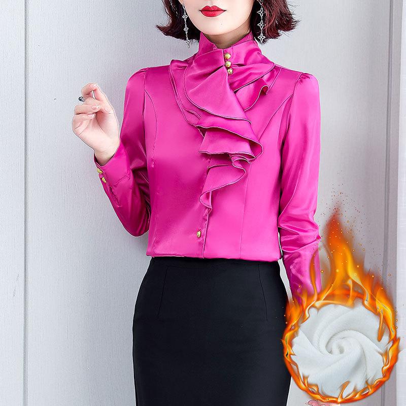 

Women's Blouses & Shirts Winter Women Thick Plus Fleece Office Lady Warm Satin Woman Velour Tops, White