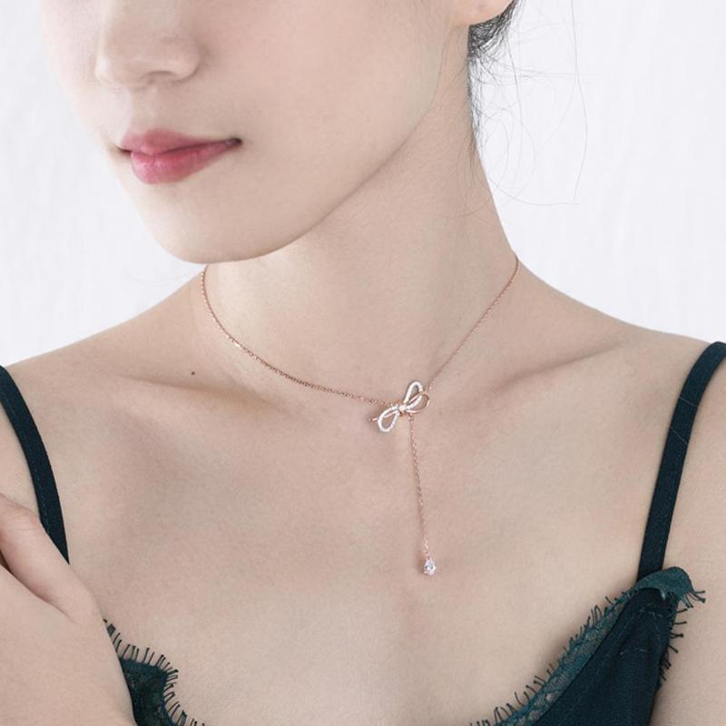 

Chains Shiny Women Bowknot Tassel Rhinestone Sweater Chain Necklace Jewelry Accessory For Valentine Day, Silver