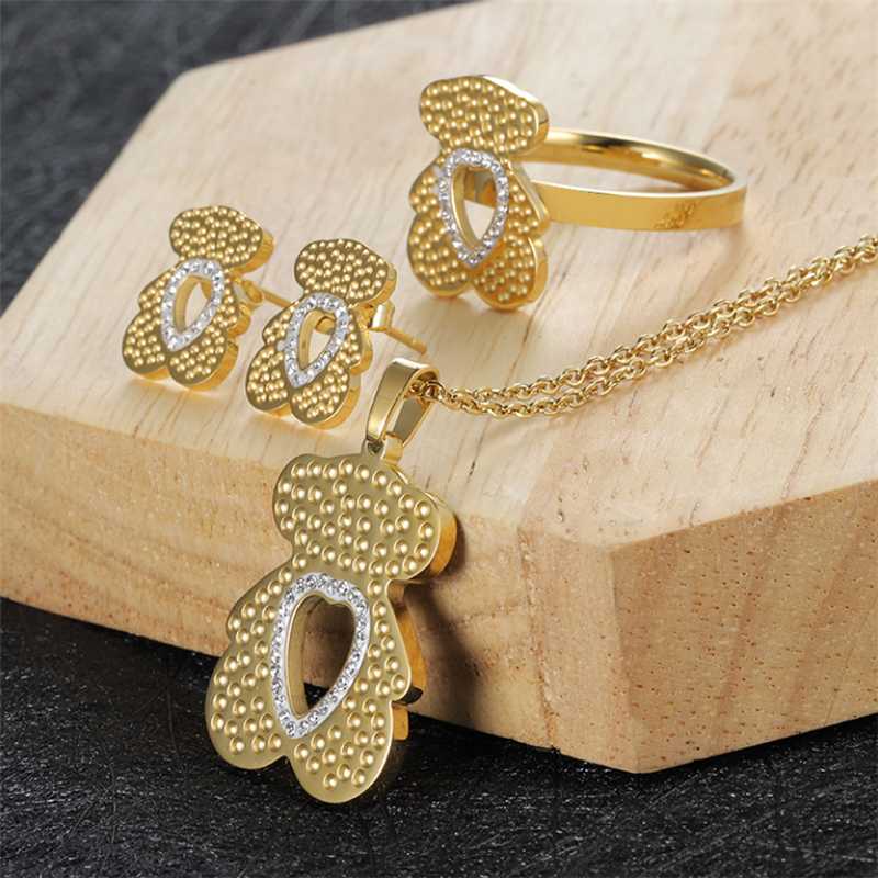 Earrings & Necklace Sweet Bear Stainless Steel Woman Light Luxury Clavicle Chain Ring Earring Heart CZ Choker Set Jewelry Gifts-image-737191109