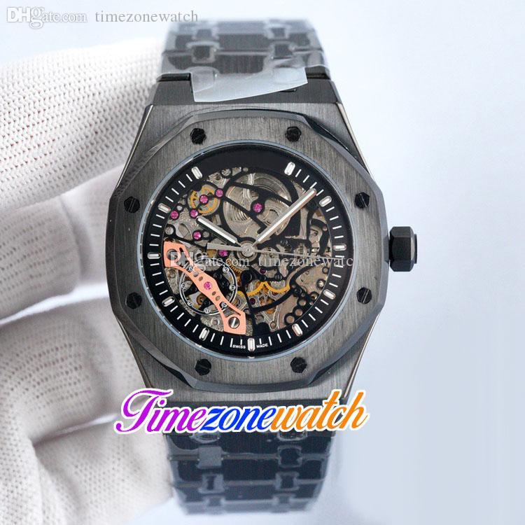 

41mm Black Skeleton Dial Automatic Mechanical Mens Watch Tourbillon All PVD Black Steel Bracelet High Quality Gents Watches 18 Color Timezonewatch E199B (3), Waterproof service