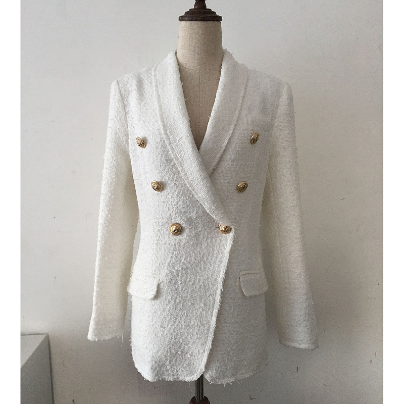 

New Fashion Designer Blazer Women' Double Breasted Lion Buttons Tassel Fringe Tweed Blazer Jacket, Black