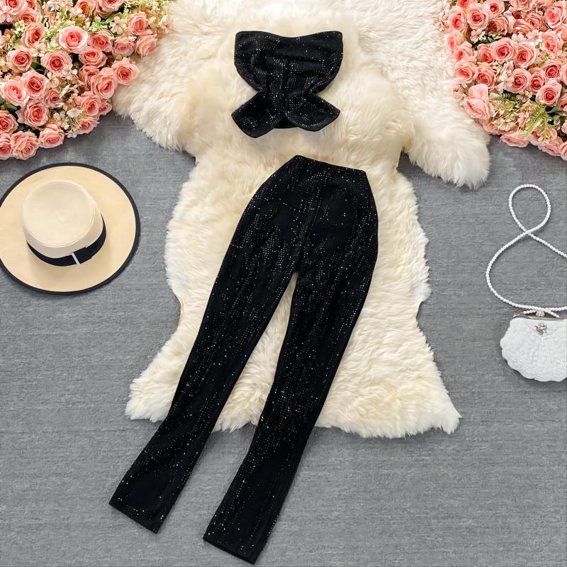 

Women's Two Piece Pants Women Strapless Diamonds Top Long Arrivals Set Fashion Temperament Spring Summer Bouncy 2022 11D1839, White