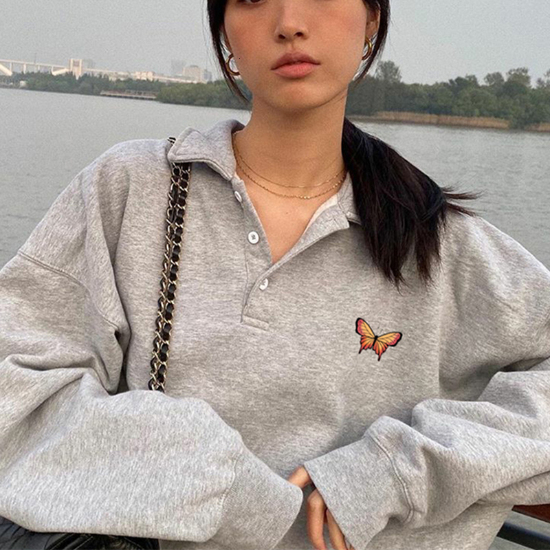 

2021 Gray Cotton Embroid Butterfly Polo Collar Sweatshirts Vintage Women Oversized Pullovers Autumn New Casual Streetwear Girls B3x3