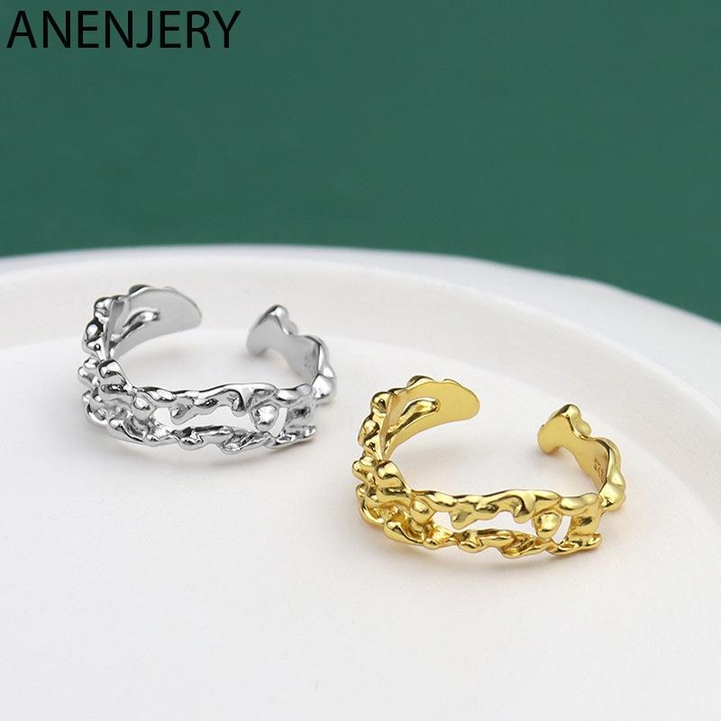 

Cluster Rings ANENJERY 925 Sterling Silver French Style Ring Niche Creative Design Irregular Lava Open For Women Men Accessories S-R1020, Golden;silver
