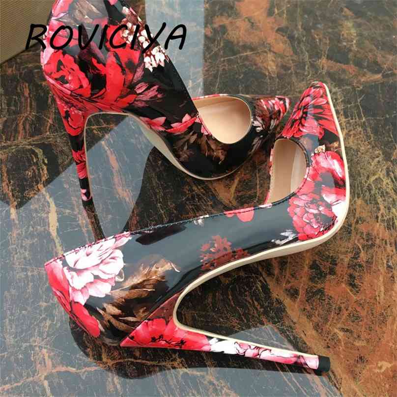 

Red black flower pointed toe ladies pumps shallow women 12cm high-heeled sexy wedding party shoes QP061 210629, Customized-flat