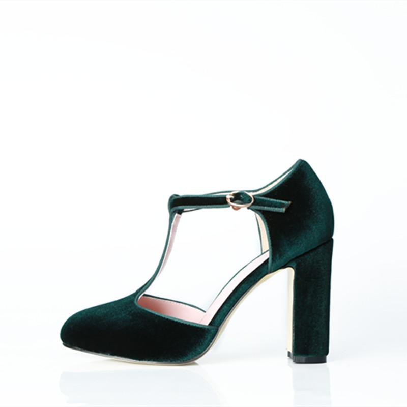 

2021 Brand New Designer Shoes Elegant Mary Jane Ankle Strap T-tied High Block Heel Pumps Green Party Dress Shoes Woman