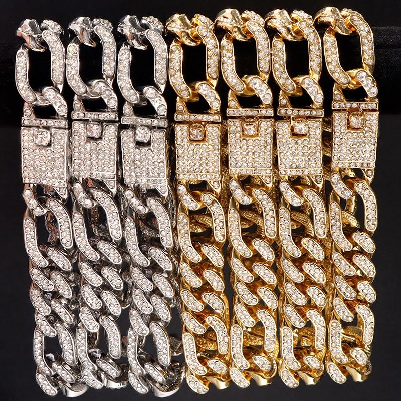 

Charm Bracelets 13mm Full Rhinestone Cuban Link Chain Bracelet For Women Men Bling Gold Silver Color Crystal Chunky Hip Hop Jewelry, Golden;silver