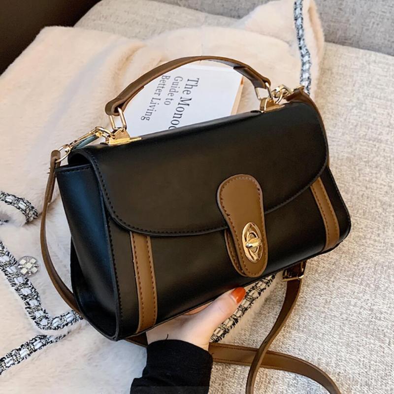 

Contrast color Square Tote Bag 2021 New High quality PU Leather Women's Designer Handbag High capacity Shoulder Messenger Bag, Black