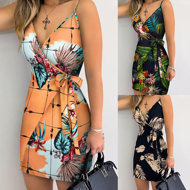 

V-Neck Wrap Sexy For Women Tropical Print Mini Dress Sleeveless Fashion Summer Holiday Party Club, Black